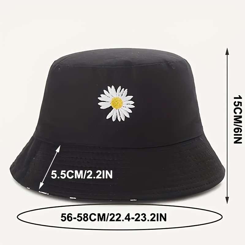 1pc Daisy Graphic Reversible Bucket Hat Black Trendy Breathable Basin Hats Lightweight Sunscreen Fi