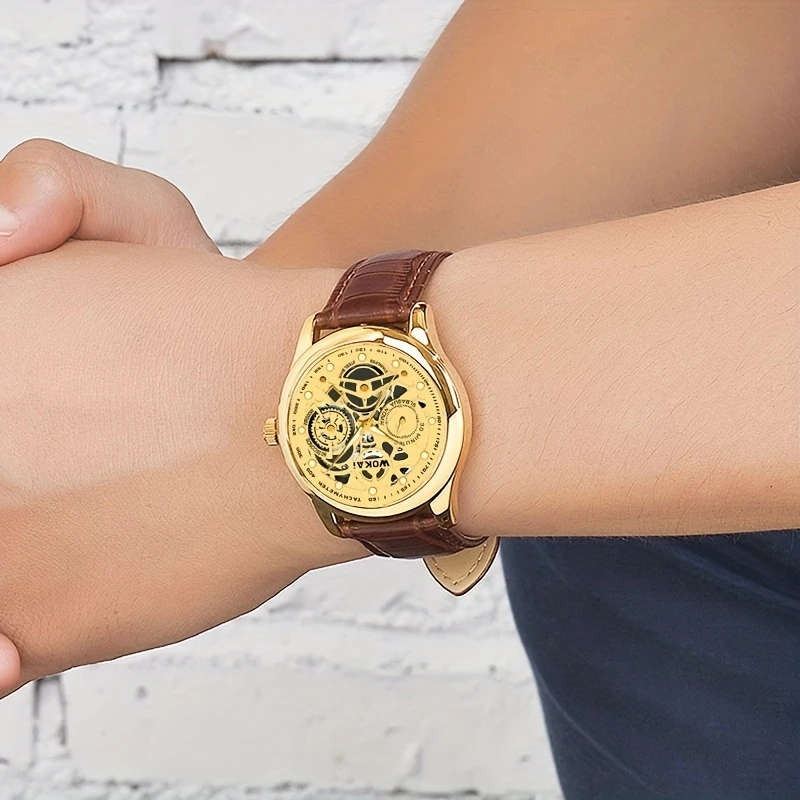 1pc Fashionable Golden Gear Belt Watch Color sent randomly