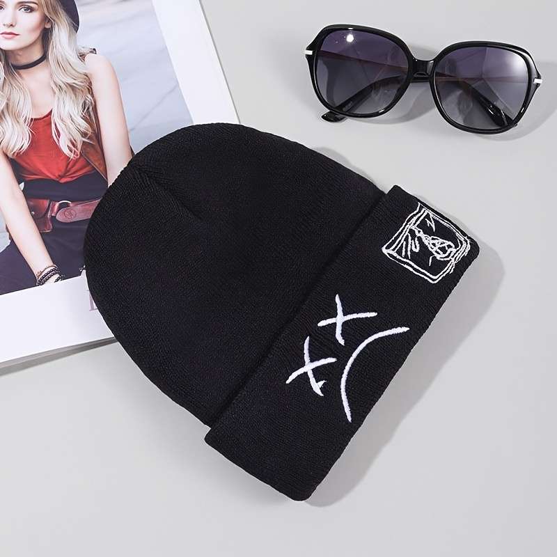 1pc Sad Face Embroidery Graphic Beanie Trendy Black White Knit Hats Casual Skull Cap Hip Hop Cuff