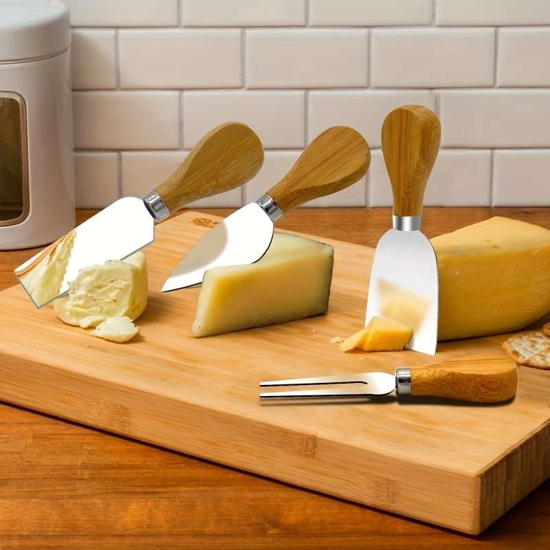 4-Piece Oak Cheese Knife Set Stainless Steel Western Food Kitchen Knives for Cooking Baking