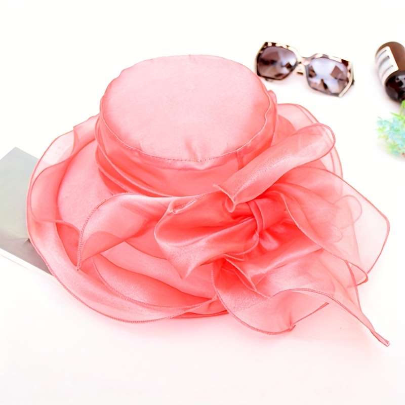 1pc Vintage Organza Sun Hat Solid Color Mesh Flower Decor Derby Hat Foldable Lightweight Travel Bea