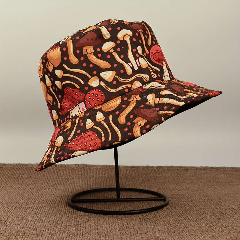 1pc Mushroom Print Bucket Hat Lightweight Breathable Polyester Fisherman Cap for Outdoor Adventu