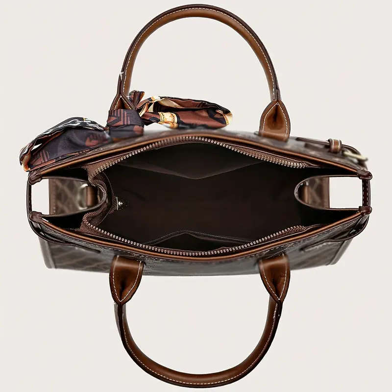 3 Pcs Classic Elegant Bag Set Retro Geometric Pattern Tote Bag With Scarf Decor Buckle Decor Square