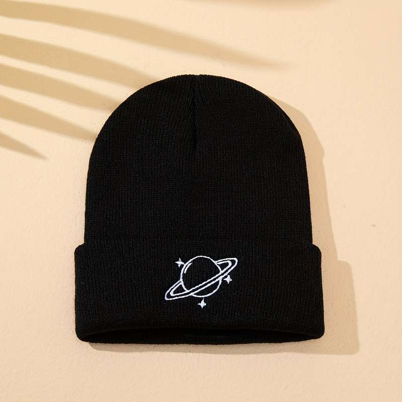 1pc Men's Planet Three Stars Embroidered Knitted Hat without Brim Suitable for Autumn and Winte