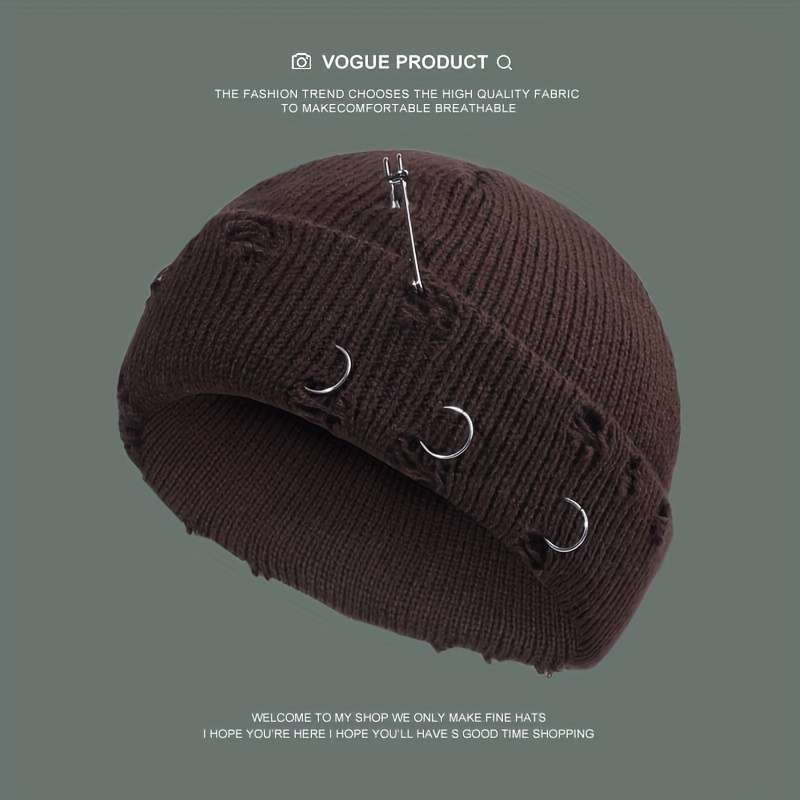 1pc Warm Cuffed Beanie Fisherman Hats Unisex Hip Hop Fisherman Beanie Trendy Ripped Pin Brooch Kn