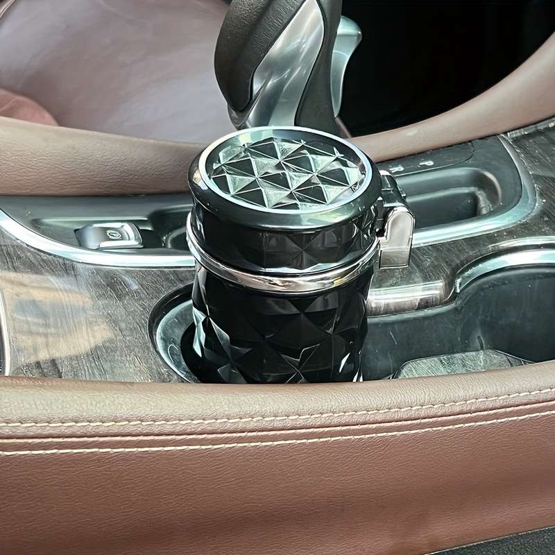 1pc Portable Alloy Car Ashtray with LED Light Black and White Durable PVC Sealed Design for Veh