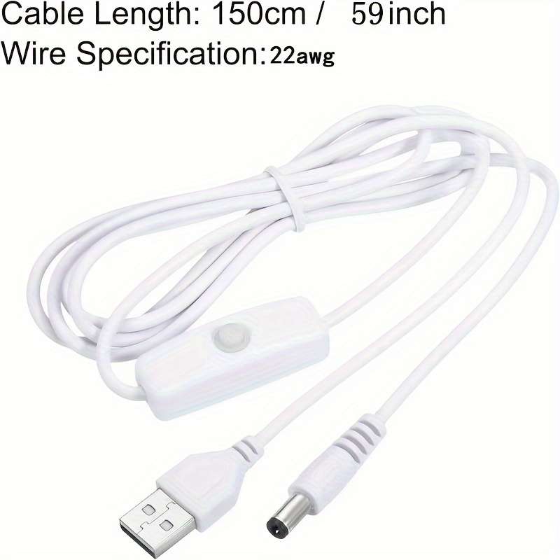 1pc White USB Cable with 501 On off for Switch USB Male to DC 5.5 X 2.1mm Male Power Cord 150c