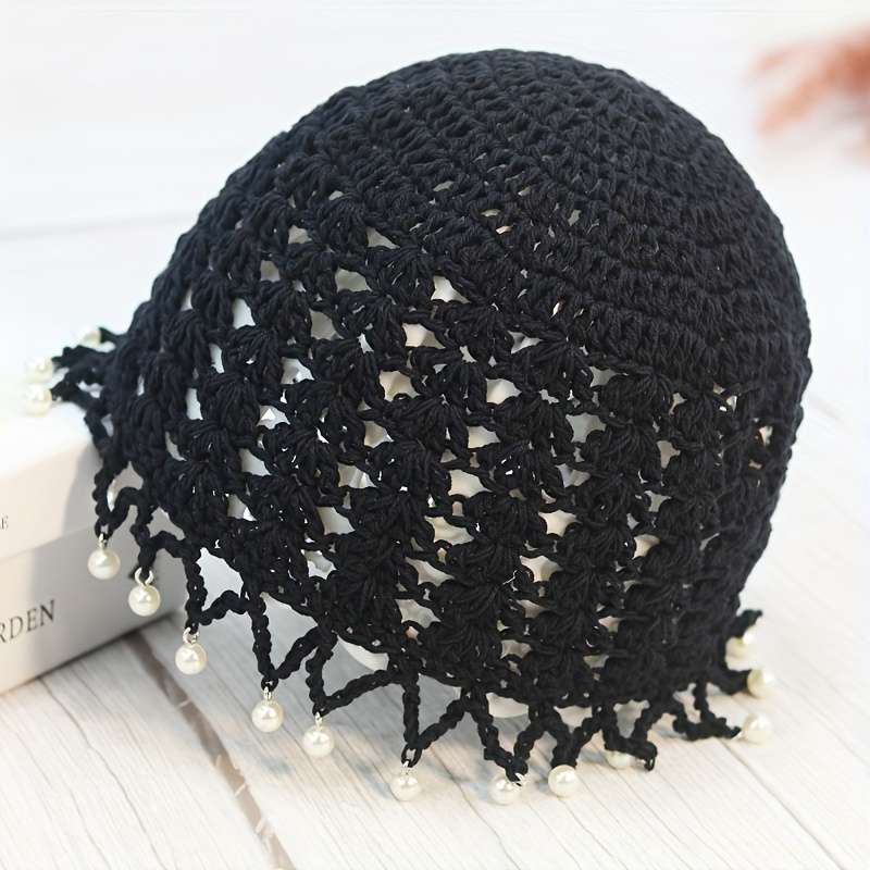1pc Elegant Hollow Out Crochet Beanie Vintage Beaded Tassel Solid Color Knit Hats Lightweight Skull