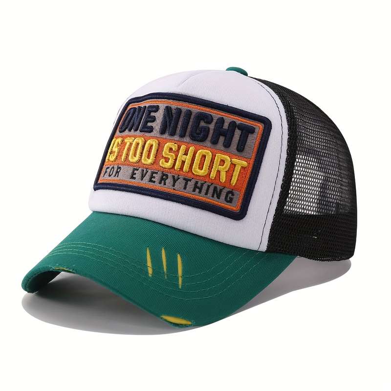 1pc Trendy Embroidery Patch Baseball Cap Classic Color Block Mesh Trucker Hat Breathable Adjustable