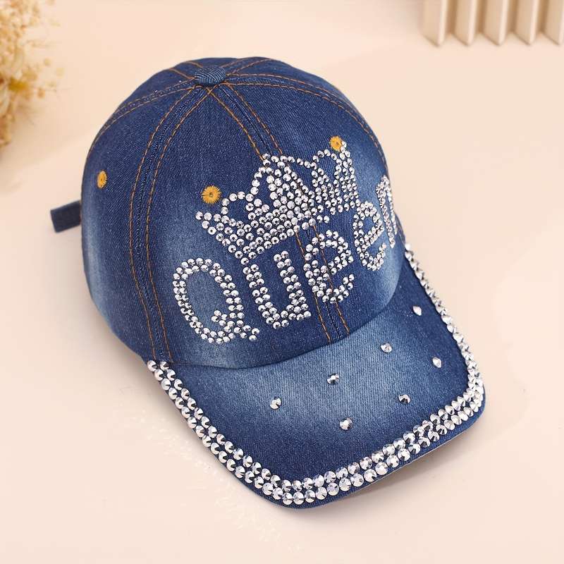 1pc Adjustable Women's Denim Baseball Cap with Sparkling QUEEN Rhinestone Crown Design Lightwei