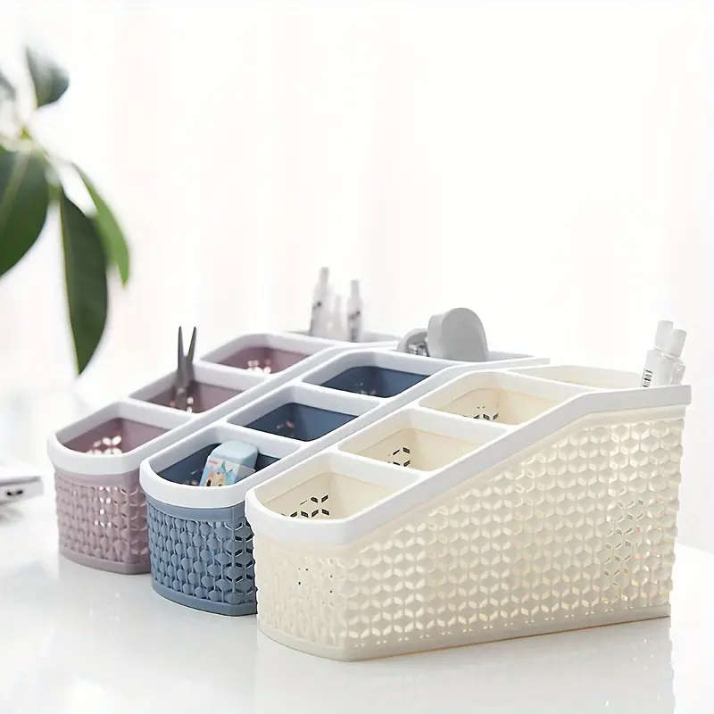 1pc Multi-Compartment Desk Organizer Durable Plastic Storage Rack with Layered Slope Design for Effi