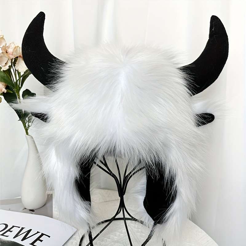 1pc Classic Fluffy Cow Hat With Horns Solid Color Ear Flap Hat Winter Warm Plush Hats Thick Coldpro