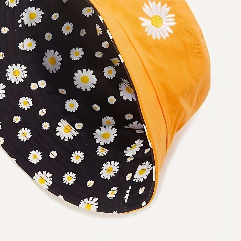1pc Daisy Graphic Reversible Bucket Hat Black Trendy Breathable Basin Hats Lightweight Sunscreen Fi