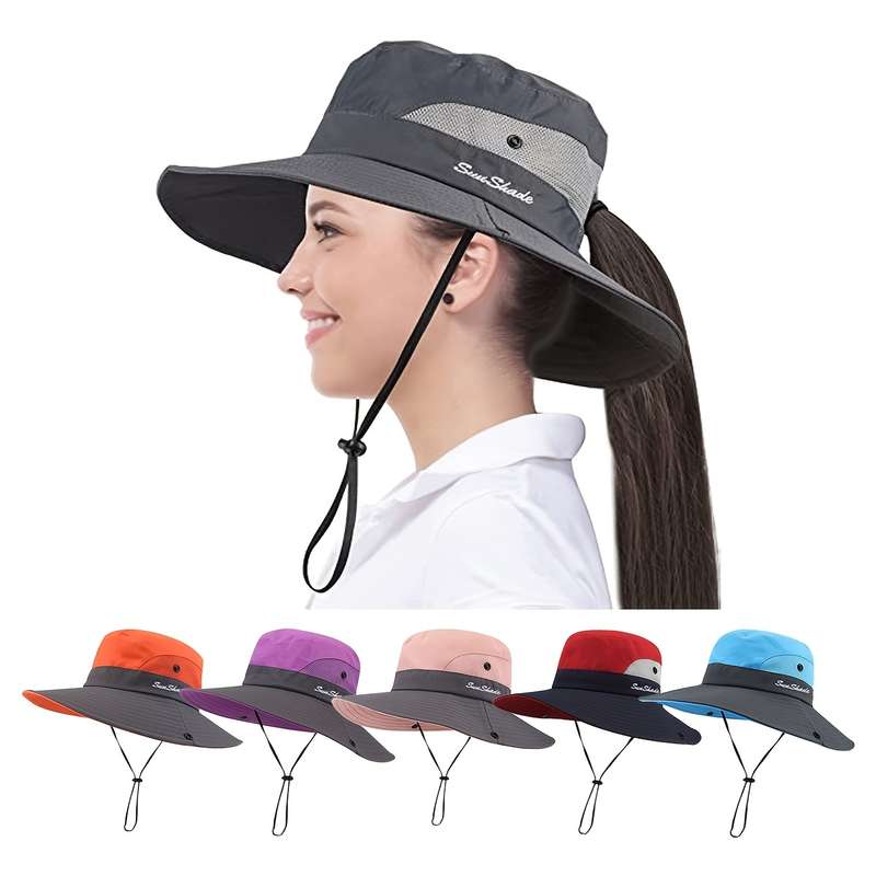 1pc SUNYGOOG UV Protection Breathable Fishing Bucket Hat with Cooling Mesh Ponytail Opening Adju
