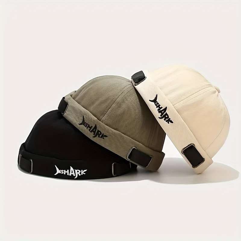 1pc SHARK Embroidered Docker Cap Adjustable Washable Summer Hat in Black Beige Dark Blue with