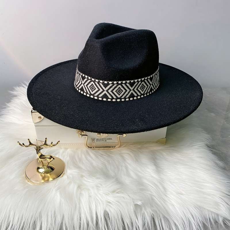 1pc Adjustable Flat Brim Fedora Hat with Geometric Pattern Band Chic Beige Fleece-Blend Ideal fo