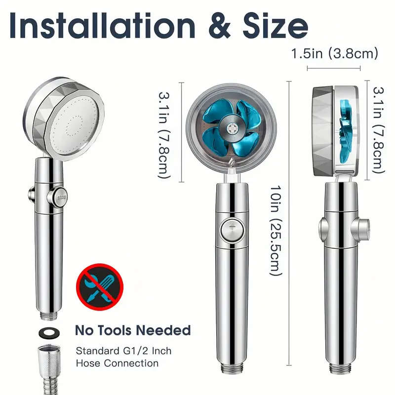 Shower Head Water Saving High Pressure Turbo Propeller Flow Showerhead With Fan Built-in Filter Rain