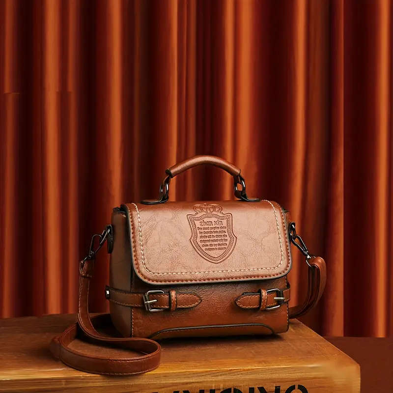 1pc Vintage PU Leather Handbag with Letter Badge Embossment Solid Color Crossbody Satchel Purse