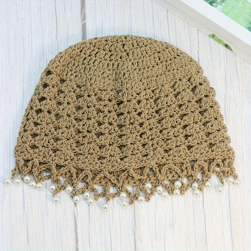 1pc Elegant Hollow Out Crochet Beanie Vintage Beaded Tassel Solid Color Knit Hats Lightweight Skull