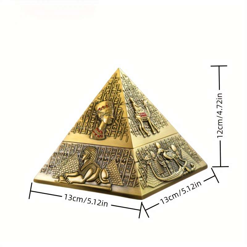 1pc Vintage Egyptian Pharaoh Metal Pyramid Ashtray Triangular Hieroglyphic Design with Lion