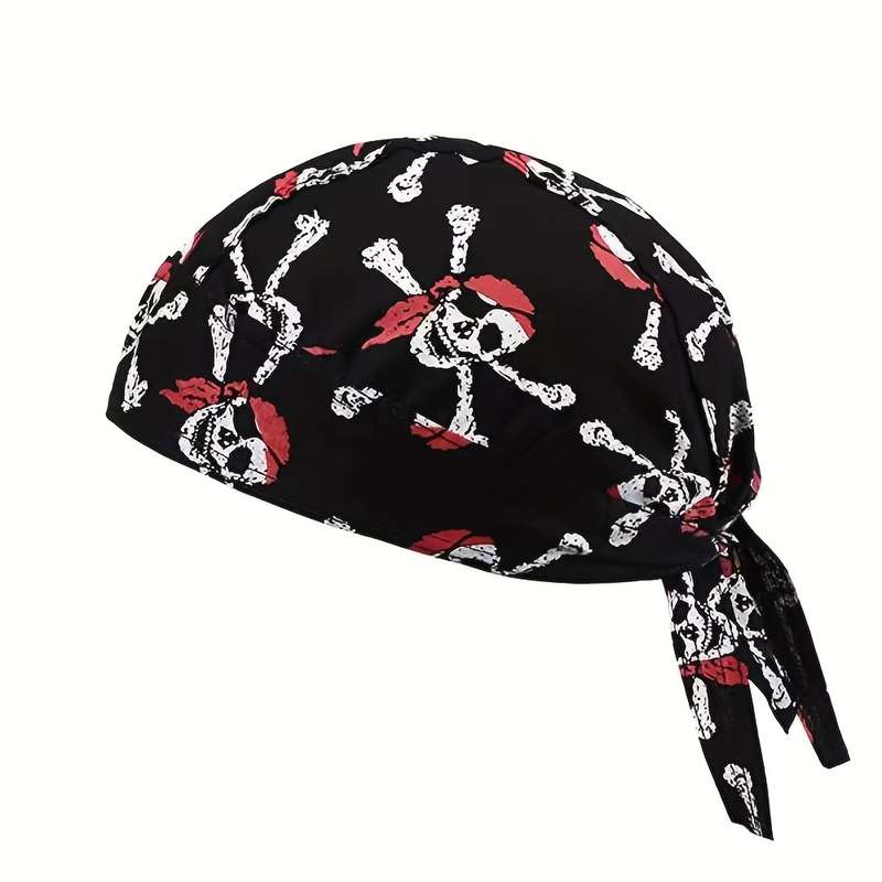 1pc Pirate Hat for Adults Black with White Skull Red Heart Pattern Lightweight Knit Headge