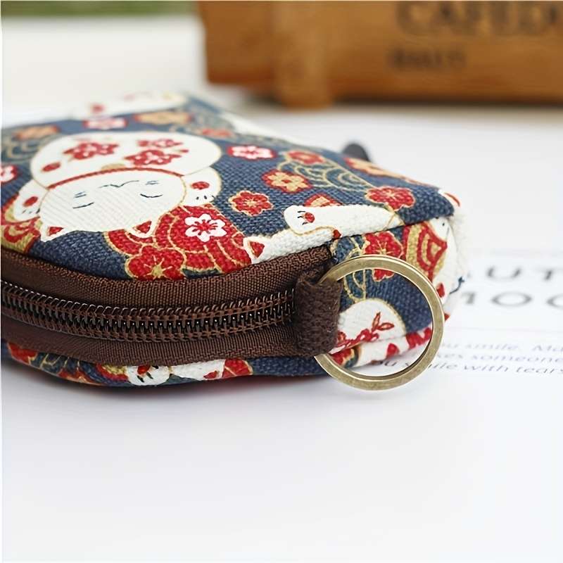 1pc Japanese Style Coin Purse Zipper Around Storage Bag Mini Wallet with Keychain