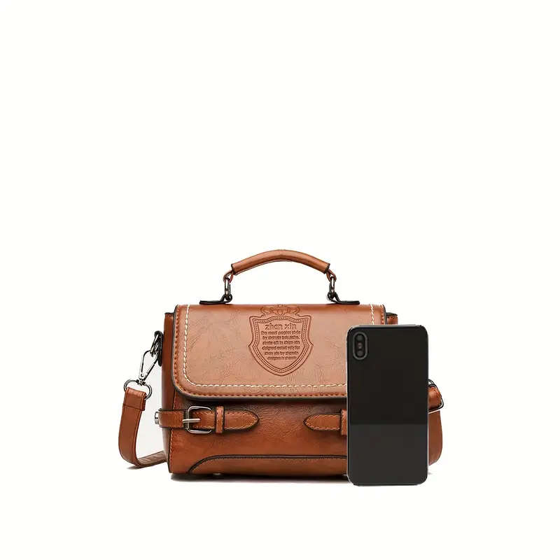 1pc Vintage PU Leather Handbag with Letter Badge Embossment Solid Color Crossbody Satchel Purse
