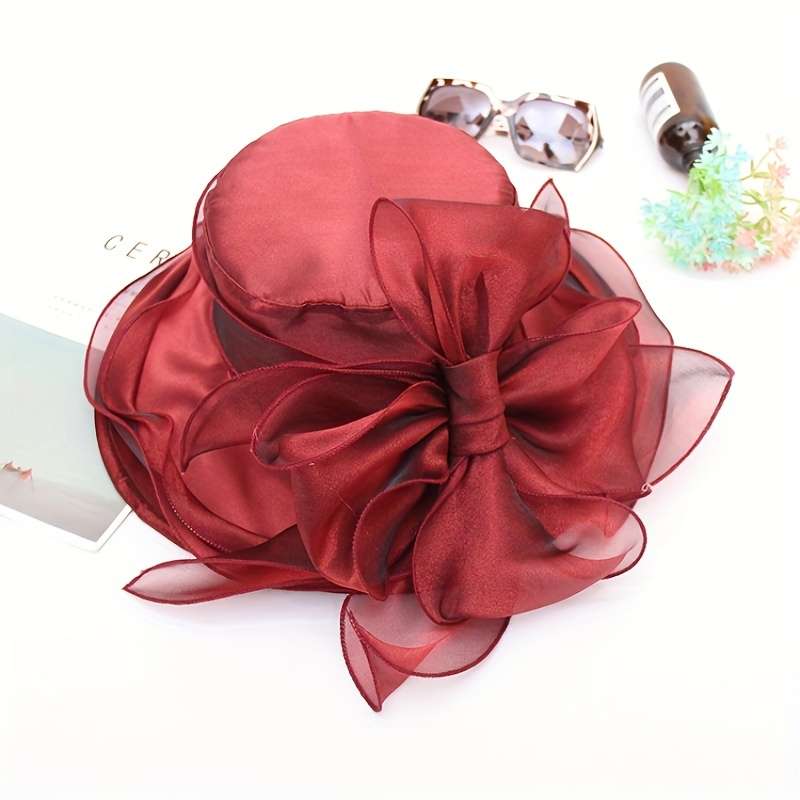 1pc Vintage Organza Sun Hat Solid Color Mesh Flower Decor Derby Hat Foldable Lightweight Travel Bea