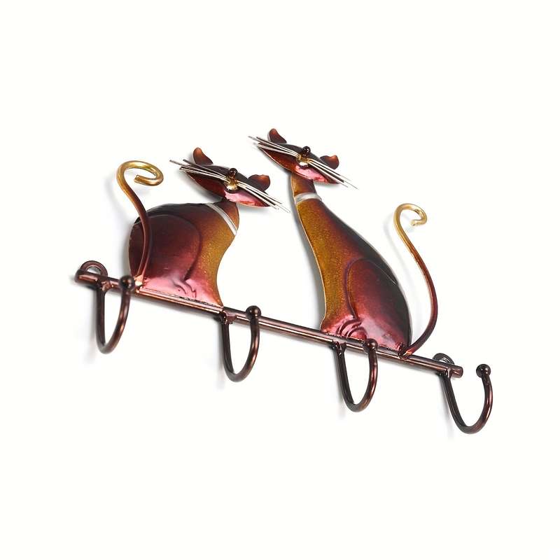 1pc Wall Cat Key Storage Hook Rack With 4 Hooks Iron Art Painting Decorative Hooks For Bags Clothe
