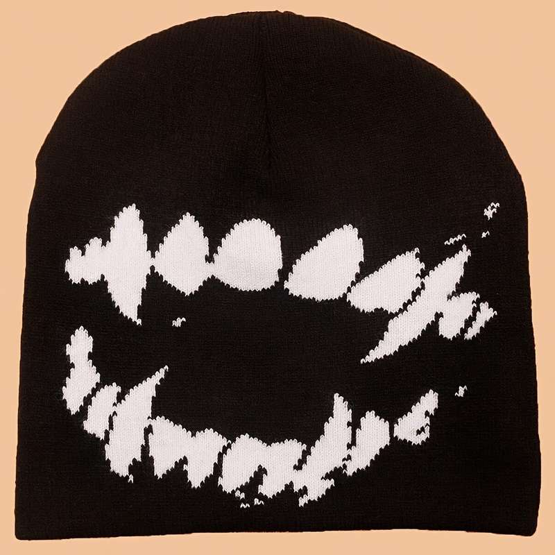 1pc Tooth Graphic Y2K Beanie Black White Elastic Knit Hats Hip Hop Skull Cap Unisex Warm Beanies