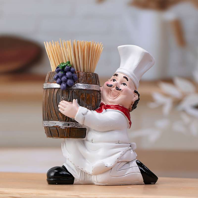 1pc Charming Chef-Themed Toothpick Holder with Wooden Bucket Resin No Power Needed Perfect for