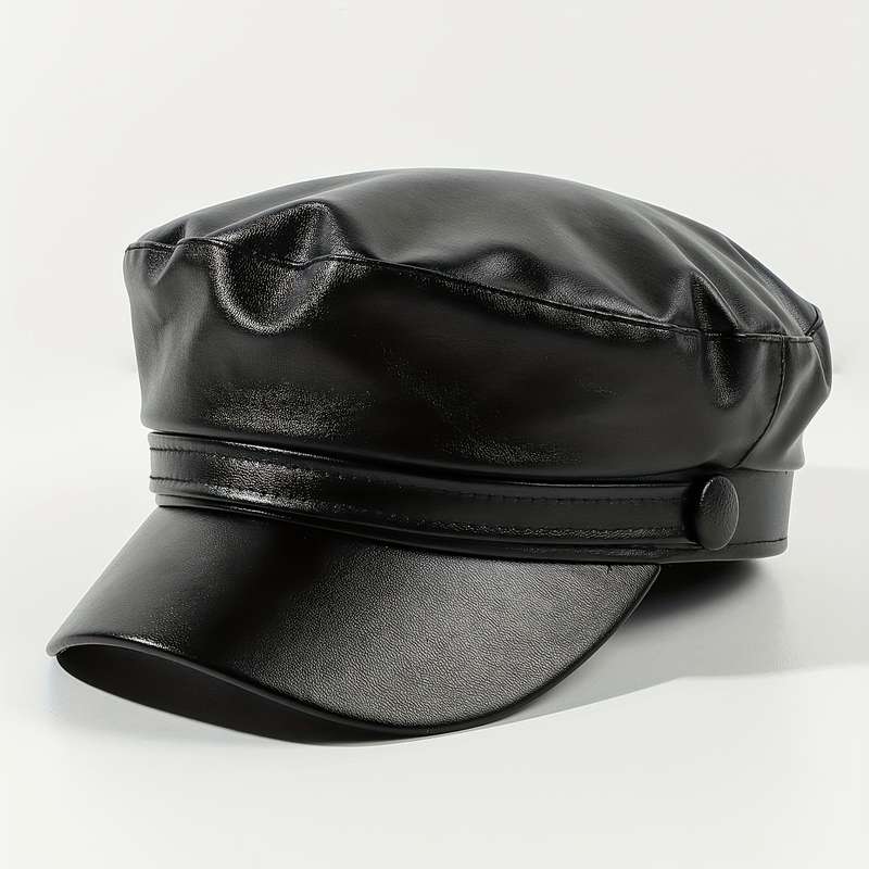 1pc PU Leather Flat Top Beret Hat Adjustable Military Navy Hat British Style Elegant Painter Hat