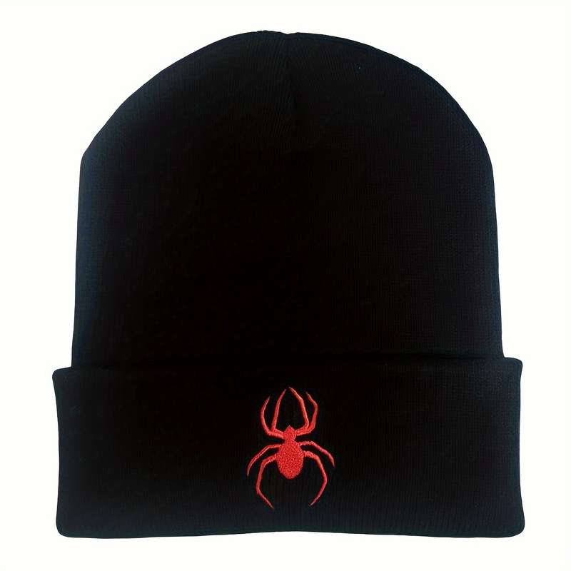 1pc Spider Embroidery Graphic Beanie Solid Color Casual Knit Hats Unisex Cuffed Beanie Hip Hop Skul