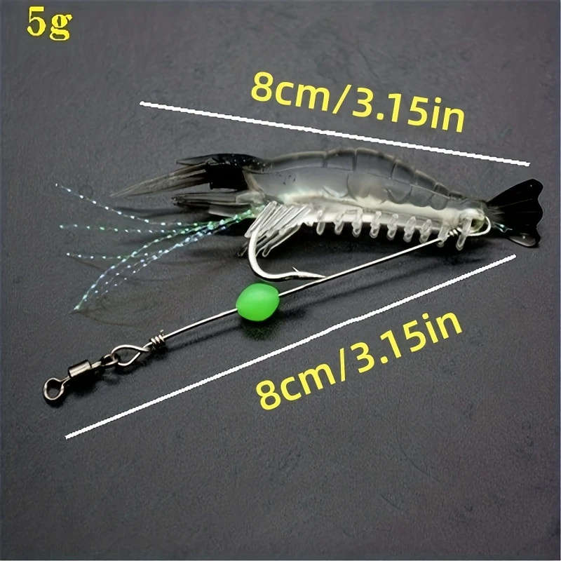 7pcs Luminous Shrimp Soft Lure Glow in the Dark Fishing Lure with Hooks Swivels 8cm 3.15inch  5g