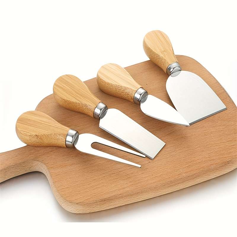 4-Piece Oak Cheese Knife Set Stainless Steel Western Food Kitchen Knives for Cooking Baking