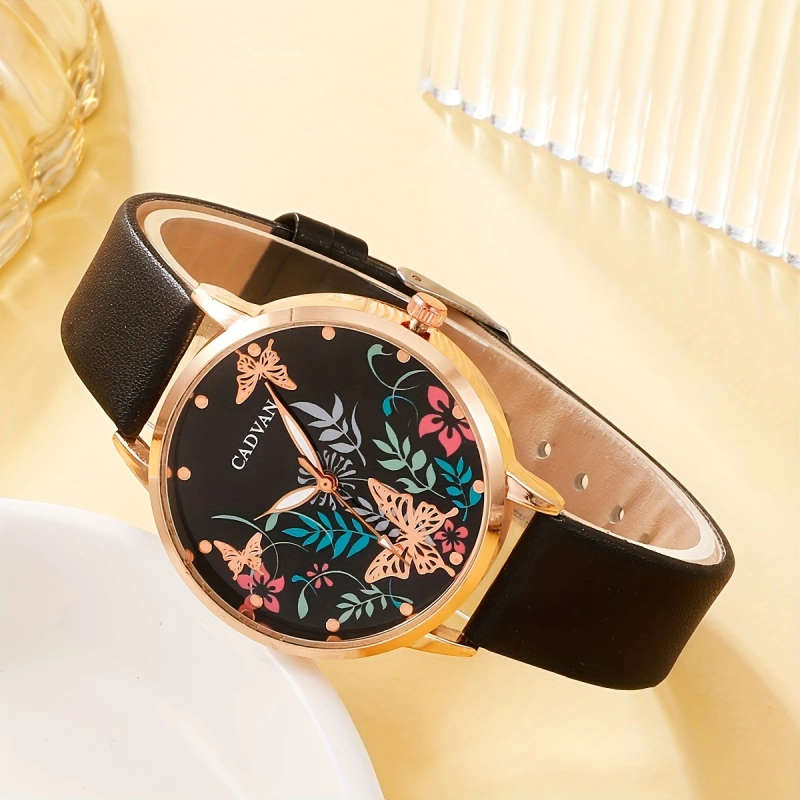 1pc Women's Elegant Butterfly Quartz Watch Rose Golden Case Black Synthetic Leather Strap Colorful F
