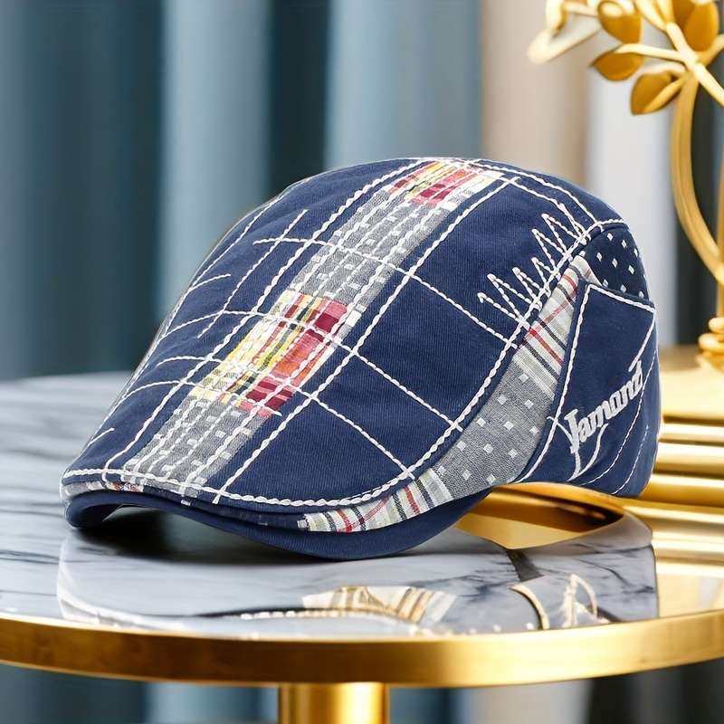 1pc Casual Plaid Stitching Irregular Embroidery Beret For Outdoor Sunshade Hat Christmas Gift