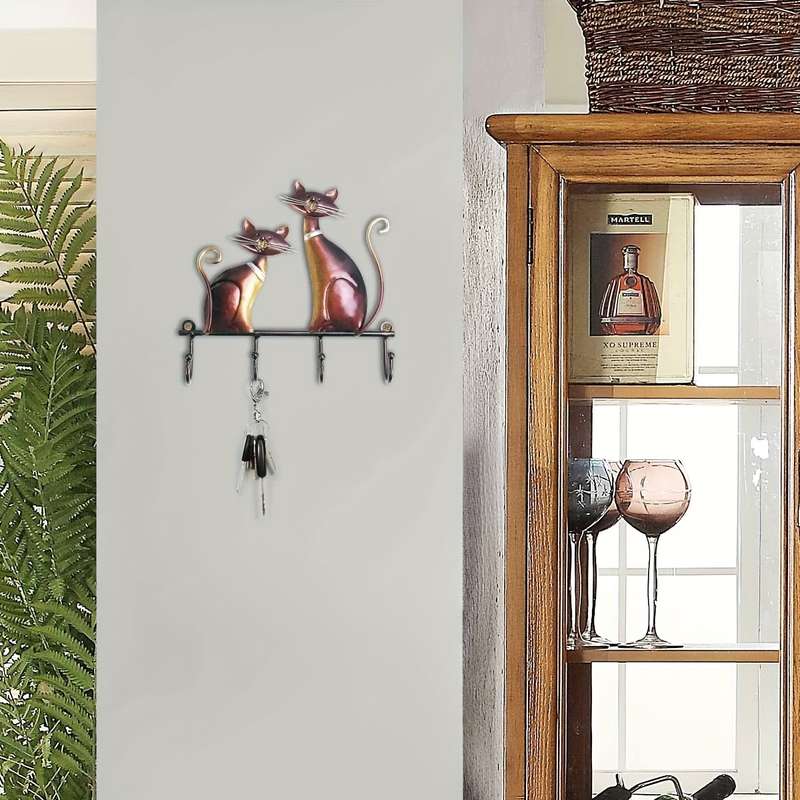 1pc Wall Cat Key Storage Hook Rack With 4 Hooks Iron Art Painting Decorative Hooks For Bags Clothe