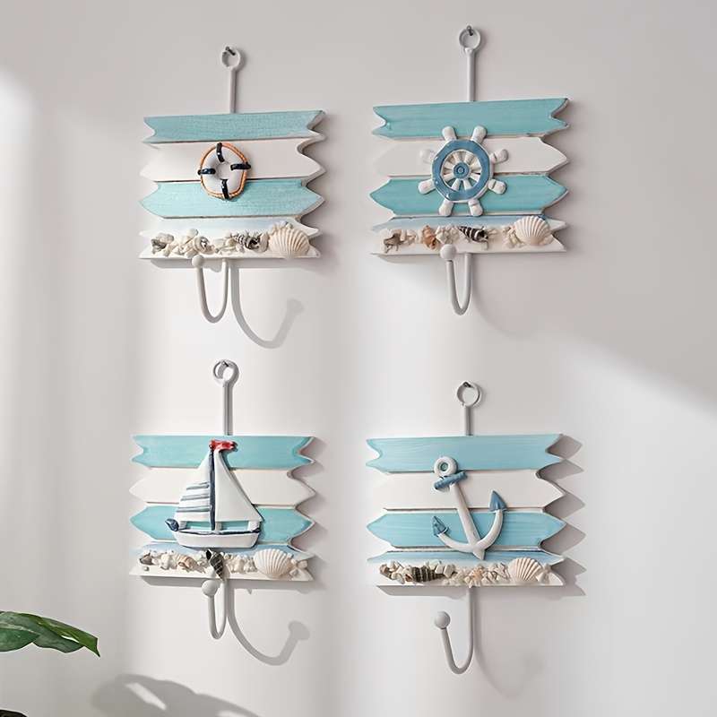 1pc Nautical Wooden Key HookWall Mounted Storage Organizer with Easy InstallMulti-functional H
