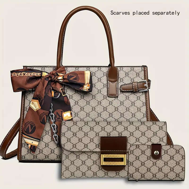 3 Pcs Classic Elegant Bag Set Retro Geometric Pattern Tote Bag With Scarf Decor Buckle Decor Square