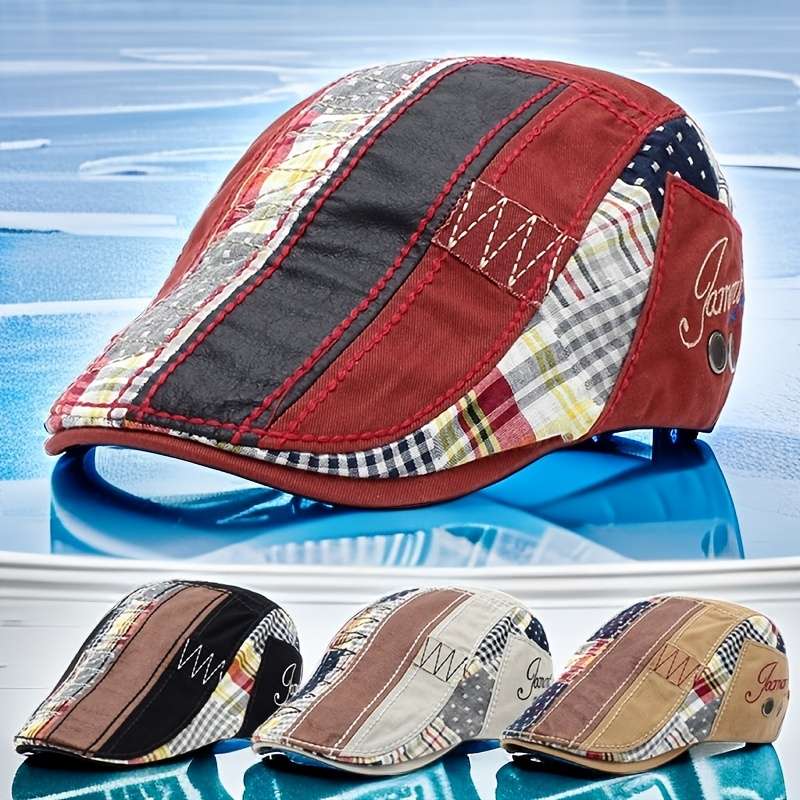 1pc Casual Plaid Stitching Irregular Embroidery Beret For Outdoor Sunshade Hat Christmas Gift