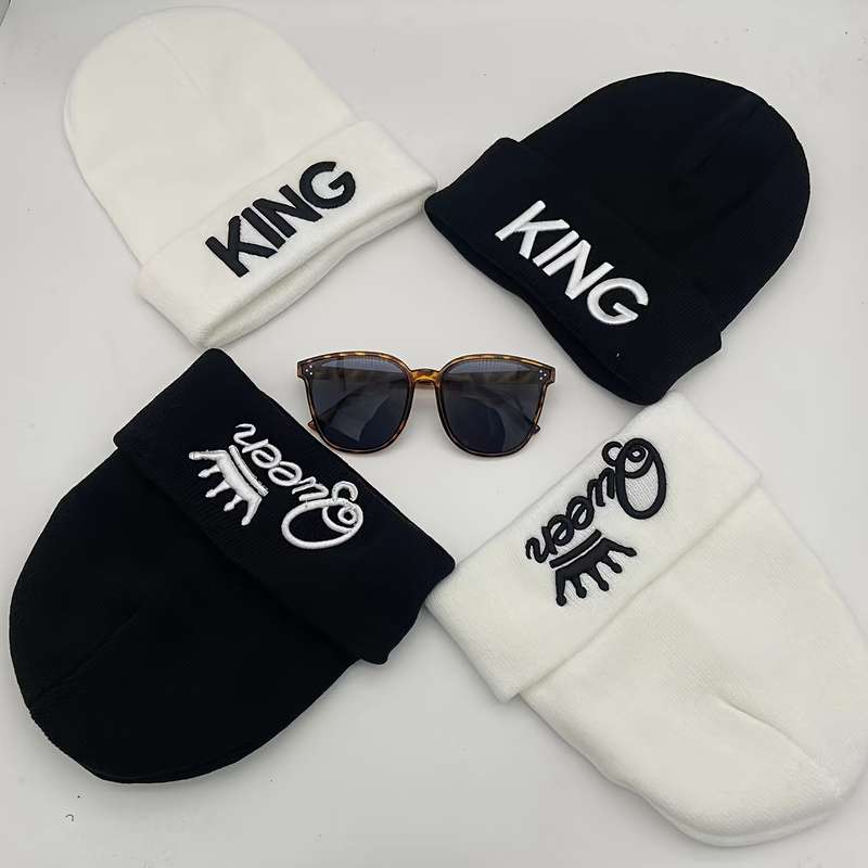 1pc 1pcMS Show Men's Fashion Knitted Hat KING&QUEEN Embroidered Hat Ideal choice for Gifts