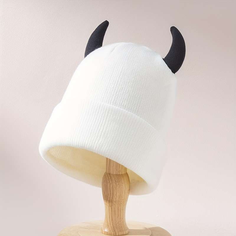 1pc Playful Design Trendy Knit Beanie with Cute Horns Soft Acrylic Elastic Fit Lightweight W