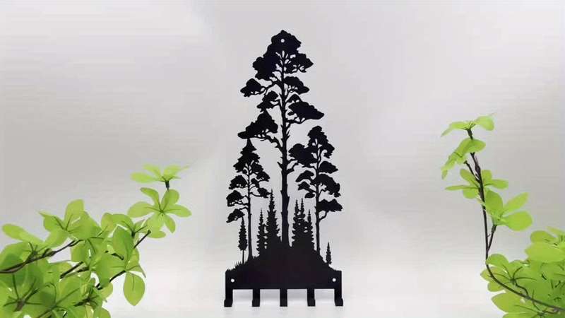 12-Inch Metal Wall-Mounted Key Organizer with 5 HooksBlack Forest Silhouette Design Easy to Ins