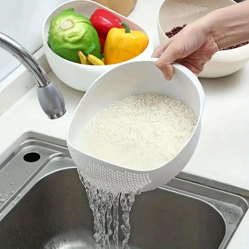 1pc Durable Plastic Rice Washing Bowl with Built-In Strainer Ideal for Efficiently Rinsing Small Gra