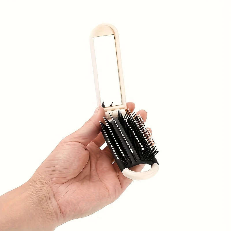 1pc Portable Folding Hair Brush with Mirror Anti-Static Drawable Mirror-Mini Travel Size Durable ABS