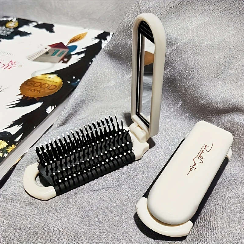 1pc Portable Folding Hair Brush with Mirror Anti-Static Drawable Mirror-Mini Travel Size Durable ABS
