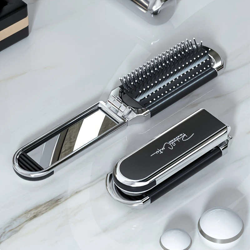 1pc Portable Folding Hair Brush with Mirror Anti-Static Drawable Mirror-Mini Travel Size Durable ABS
