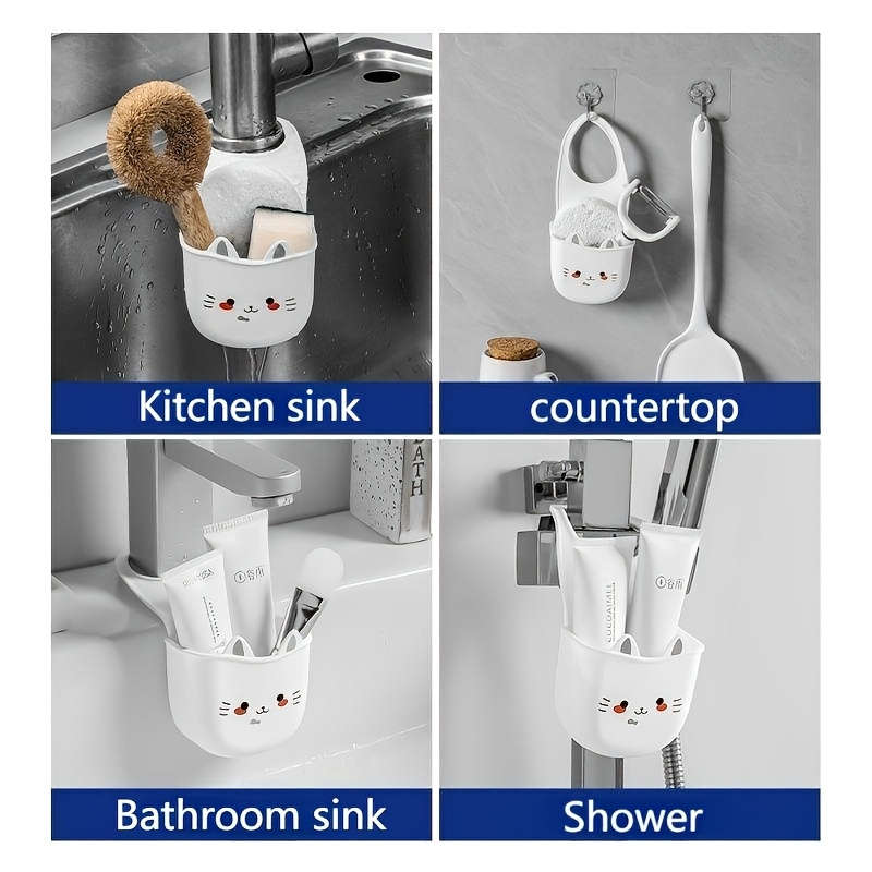1pc Cute Cat Silicone Faucet Holder Sponge Storage Rack with Drainage Holes for Bathroom and K