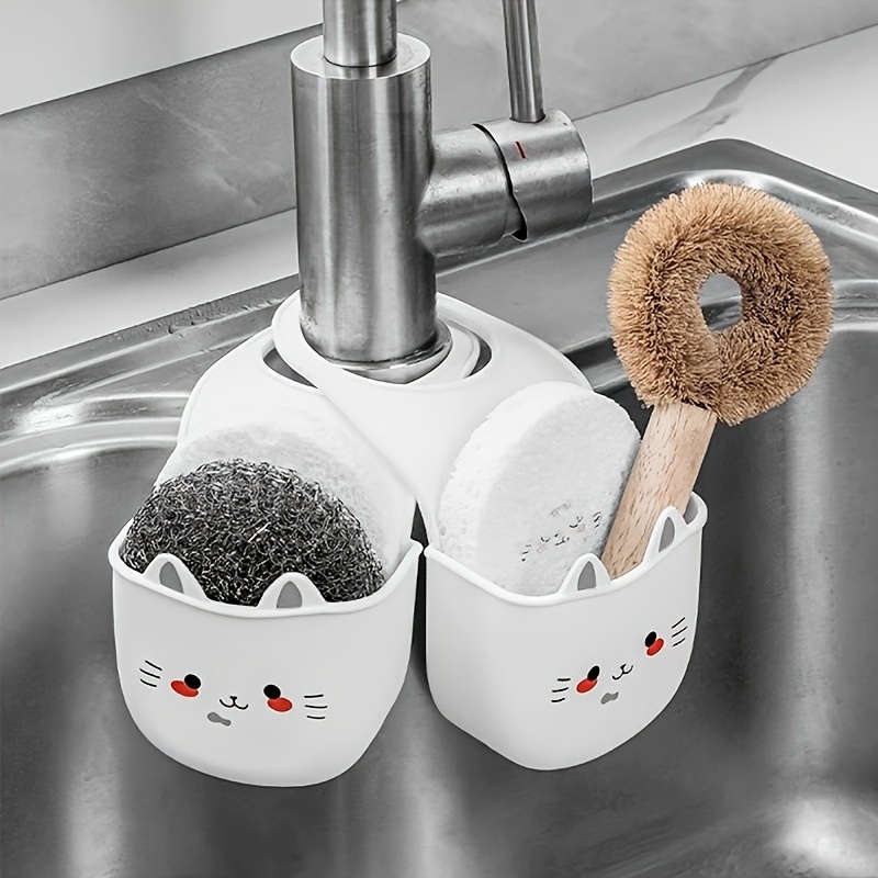 1pc Cute Cat Silicone Faucet Holder Sponge Storage Rack with Drainage Holes for Bathroom and K